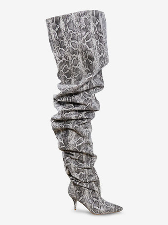 セクシーなワイドカーフブーツ、ハイヒール、スネーク柄、ポインテッドトゥ、スラウチオーバーニーブーツ