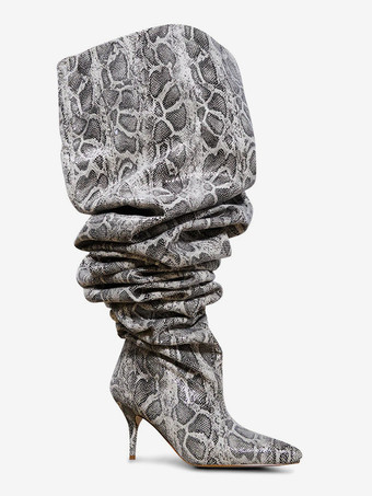 セクシーなワイドカーフブーツ、ハイヒール、スネーク柄、ポインテッドトゥ、スラウチオーバーニーブーツ