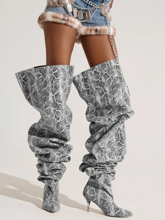 セクシーなワイドカーフブーツ、ハイヒール、スネーク柄、ポインテッドトゥ、スラウチオーバーニーブーツ