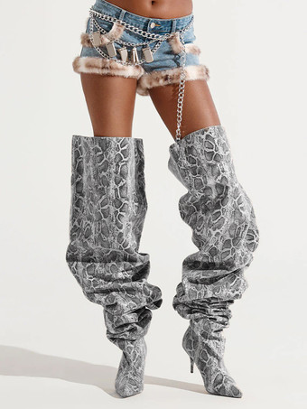 パイソン柄セクシーなワイドカーフブーツ、ハイヒール、スネーク柄、ポインテッドトゥ、スラウチオーバーニーブーツ