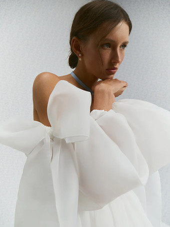 ショート丈ウェディングドレス ショート丈 ストラップレス 長袖 プリンセスシルエット ナチュラルウエスト オーガンザ ブライダルガウン