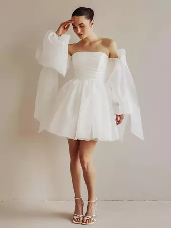 Short Wedding Dress Short Strapless Long Sleeves Princess Silhouette Natural Waist Organza Bridal Gowns