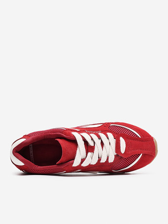 ユニセックス レトロ レッド レーシングスニーカー ヴィンテージ風 通気性 メッシュ トレーニングシューズ 軽量 フラットソール カジュアル スポーツシューズ