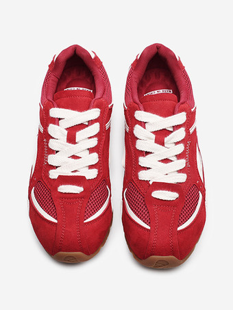ユニセックス レトロ レッド レーシングスニーカー ヴィンテージ風 通気性 メッシュ トレーニングシューズ 軽量 フラットソール カジュアル スポーツシューズ