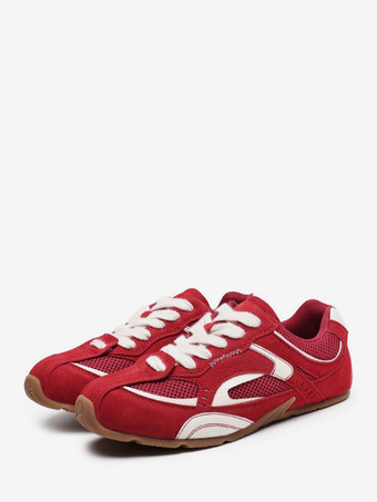 レッド ユニセックス レトロ レッド レーシングスニーカー ヴィンテージ風 通気性 メッシュ トレーニングシューズ 軽量 フラットソール カジュアル スポーツシューズ