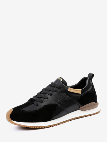 ブラック メンズ カジュアルスニーカー レザーメッシュ 通気性 プラットフォーム チャンキーシューズ