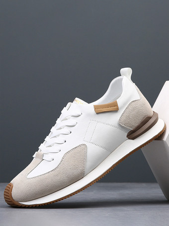 ホワイト メンズ カジュアルスニーカー レザーメッシュ 通気性 プラットフォーム チャンキーシューズ