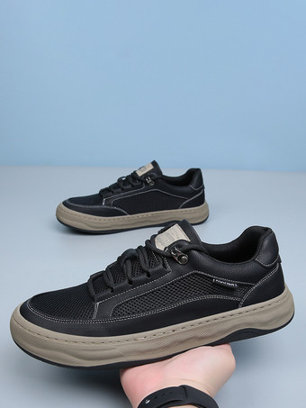 ブラック メンズ カジュアルスニーカー レザーメッシュ 通気性 プラットフォーム チャンキーシューズ