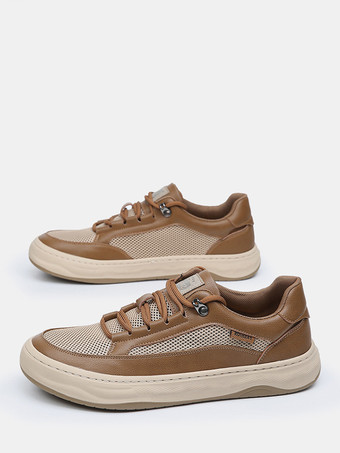 ブラウンメンズ カジュアルスニーカー レザーメッシュ 通気性 プラットフォーム チャンキーシューズ