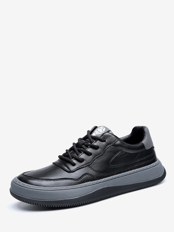 ブラック メンズカジュアルスニーカー レザー 通気性 パンチングプラットフォーム チャンキーカジュアルシューズ