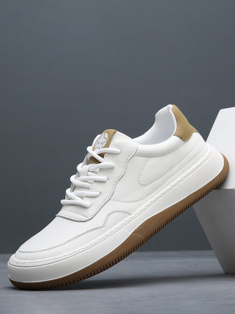 ホワイト メンズカジュアルスニーカー レザー 通気性 パンチングプラットフォーム チャンキーカジュアルシューズ