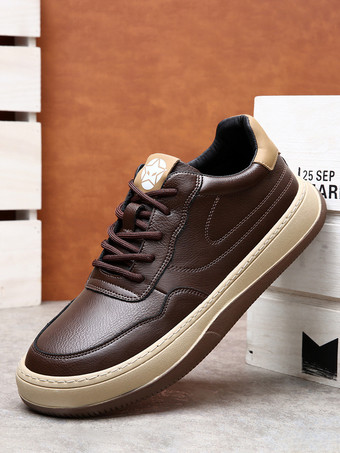 ブラウンメンズカジュアルスニーカー レザー 通気性 パンチングプラットフォーム チャンキーカジュアルシューズ