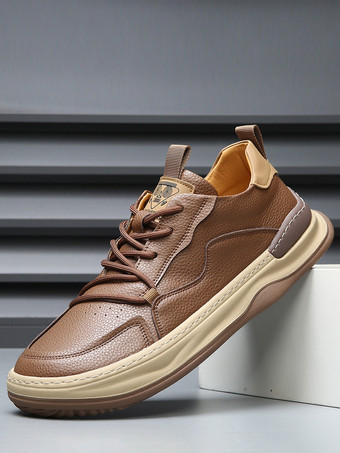 ブラウンメンズ カジュアルスニーカー レザー チャンキー 通気性 シューズ ホワイト レースアップ ストリートウェアシューズ