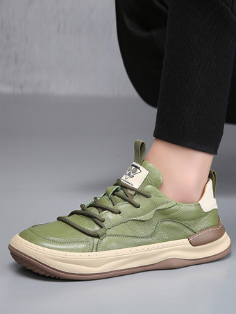 ハンターグリーン メンズ カジュアルスニーカー レザー チャンキー 通気性 シューズ ホワイト レースアップ ストリートウェアシューズ