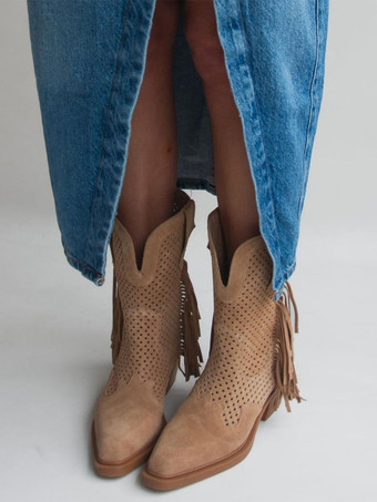 レディース アンクルブーツ ポインテッドトゥ フラット ウエスタンブーツ タッセル付き