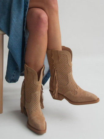 レディース アンクルブーツ ポインテッドトゥ フラット ウエスタンブーツ タッセル付き