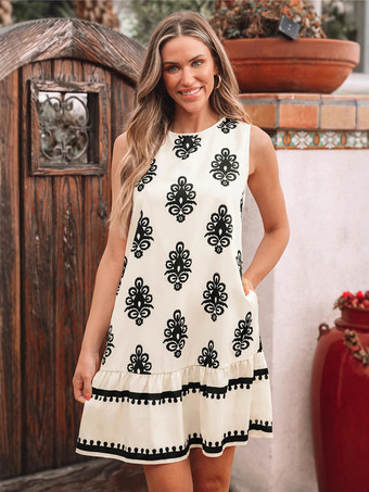 2025年夏にぴったりの、バックリボンとポケット付きノースリーブボヘミアンシフトミニドレス