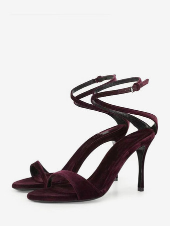 ワインレッド ベルベットハイヒールサンダル オープントゥ クリスクロス パーティーシューズ