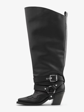 ブラック ブラック ワイドカーフブーツ レディース ポインテッドトゥ バックルディテール ウエスタンブーツ