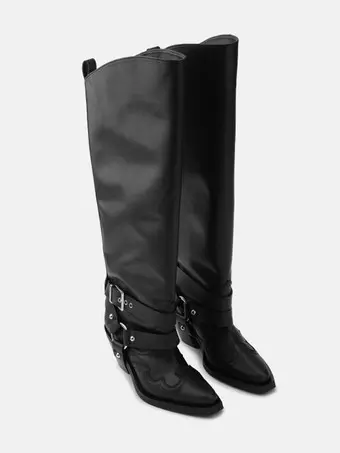 Botas vaqueras negras de caña ancha para mujer con punta