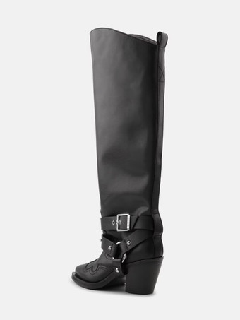 ブラック ワイドカーフブーツ レディース ポインテッドトゥ バックルディテール ウエスタンブーツ