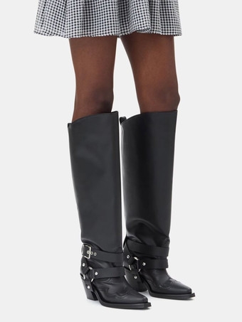 ブラック ワイドカーフブーツ レディース ポインテッドトゥ バックルディテール ウエスタンブーツ