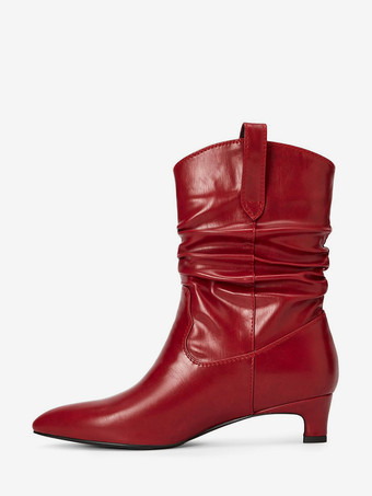 レッド レッドキトンヒールブーティ ポインテッドトゥ スラウチアンクルブーツ