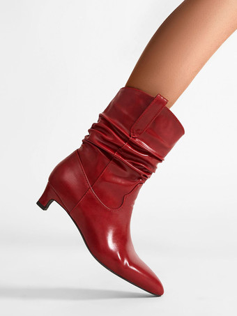 レッドキトンヒールブーティ ポインテッドトゥ スラウチアンクルブーツ