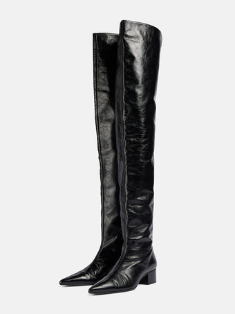 ブラック ブラックのオーバーニーブーツ、ポインテッドトゥ、チャンキーヒール、サイハイブーツ