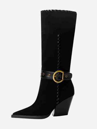 ブラック ブラックのミッドカーフブーツ、スエードのポインテッドトゥ、バックルディテールのチャンキーヒールブーツ