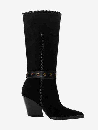 ブラックのミッドカーフブーツ、スエードのポインテッドトゥ、バックルディテールのチャンキーヒールブーツ