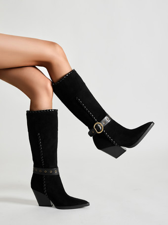 ブラックのミッドカーフブーツ、スエードのポインテッドトゥ、バックルディテールのチャンキーヒールブーツ