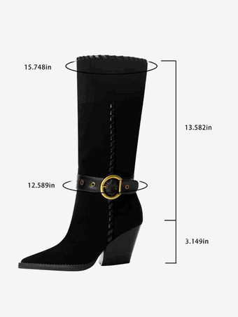 ブラックのミッドカーフブーツ、スエードのポインテッドトゥ、バックルディテールのチャンキーヒールブーツ