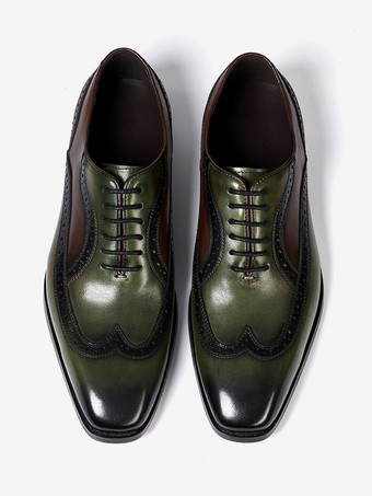 グリーン メンズ ポインテッドトゥ オックスフォード ウィングチップシューズ 英国スタイル 本革 ドレスシューズ