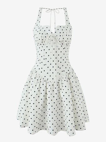 2025年夏向け、バックシャーリングのドット柄ノースリーブミニドレス