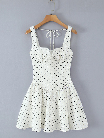 2025年夏向け、バックシャーリングのドット柄ノースリーブミニドレス