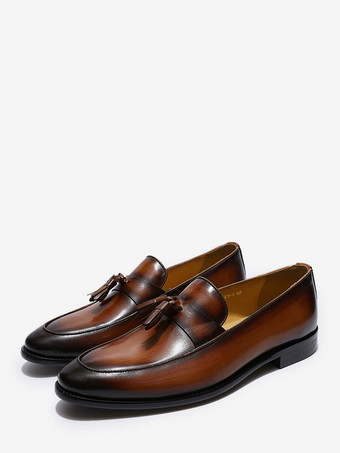 ブラウンメンズ タッセルローファー 本革 ハンドクラフト スリッポン ドレスシューズ