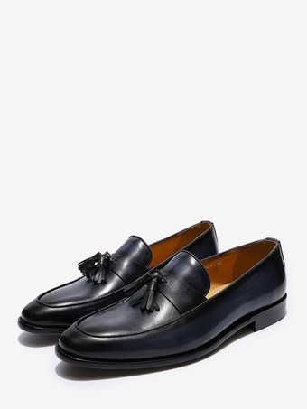 ブルー メンズ タッセルローファー 本革 ハンドクラフト スリッポン ドレスシューズ