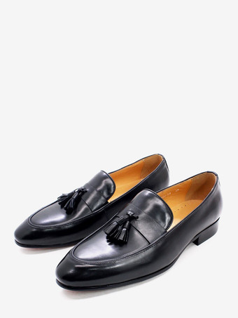 ブラック メンズ タッセルローファー 本革 ハンドクラフト スリッポン ドレスシューズ