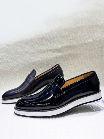 メンズ ペニーローファー チャンキーソール レザー スリッポン 光沢パテント仕上げ 身長アップ ドレスシューズ