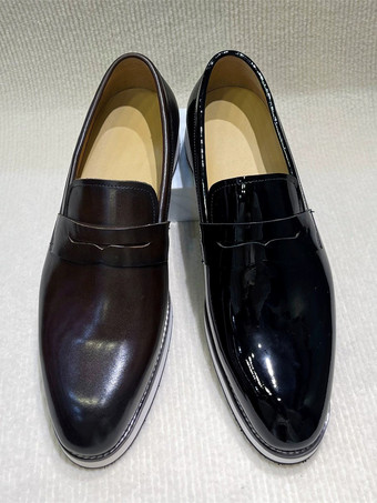 メンズ ペニーローファー チャンキーソール レザー スリッポン 光沢パテント仕上げ 身長アップ ドレスシューズ