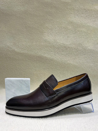 ブラウンメンズ ペニーローファー チャンキーソール レザー スリッポン 光沢パテント仕上げ 身長アップ ドレスシューズ