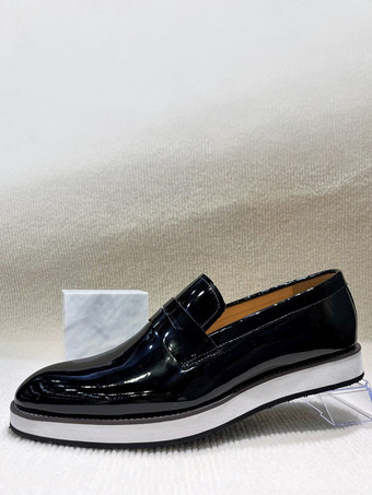 ブラック メンズ ペニーローファー チャンキーソール レザー スリッポン 光沢パテント仕上げ 身長アップ ドレスシューズ