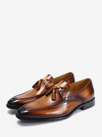 ブラウンメンズ タッセルローファー 本革 スクエアトゥ ドレスシューズ ビジネス スリッポン オックスフォード