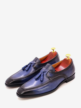 ブルー メンズ タッセルローファー 本革 スクエアトゥ ドレスシューズ ビジネス スリッポン オックスフォード