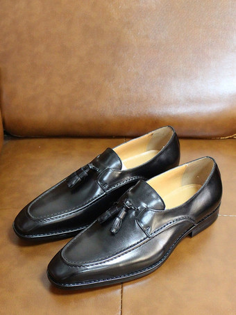 ブラック メンズ タッセルローファー 本革 スクエアトゥ ドレスシューズ ビジネス スリッポン オックスフォード