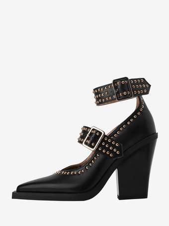 ブラックハイヒール、ポインテッドトゥ、スタッズバックルディテール、チャンキーヒールパンプス