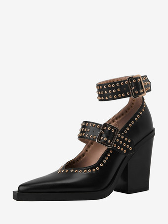 ブラック ブラックハイヒール、ポインテッドトゥ、スタッズバックルディテール、チャンキーヒールパンプス