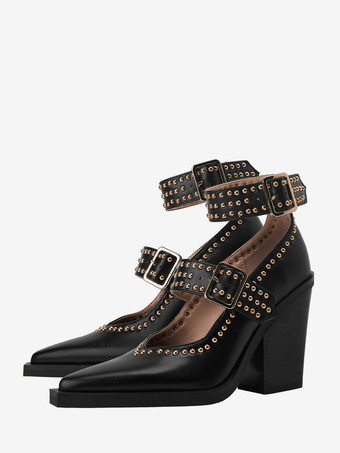 ブラックハイヒール、ポインテッドトゥ、スタッズバックルディテール、チャンキーヒールパンプス