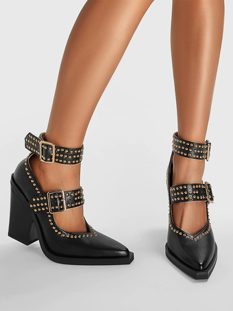 ブラックハイヒール、ポインテッドトゥ、スタッズバックルディテール、チャンキーヒールパンプス